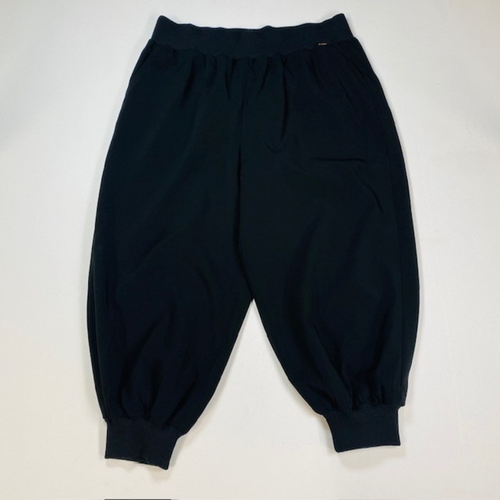 St. John Black Knit Cropped Jogger Pants Ribbed Waistband Gold Logo Size L